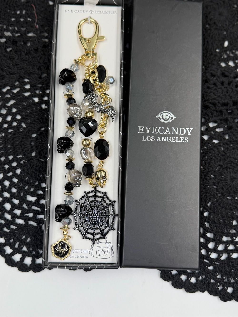 New eyecandy los angeles halloween skull spiderweb bag charm keychain gothic